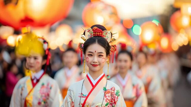 Festive Procession: A radiant woman in traditional attire stands proudly in the forefront of a vibrant parade, representing cultural richness amidst warm ambient lighting.