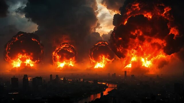 Massive Explosions Over a Darkened City