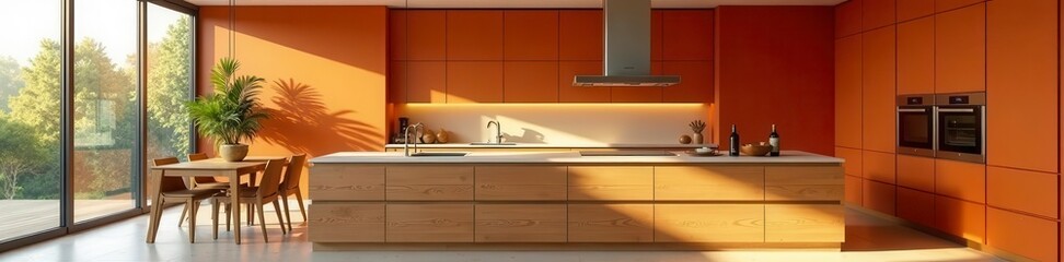 Luxury kitchen features orange walls and rich wood cabinetry, modern design elements, countertops, modern style, home design