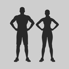 Powerful silhouettes of a man and woman standing confidently hands on hips showcasing strength and fitness Simple black
