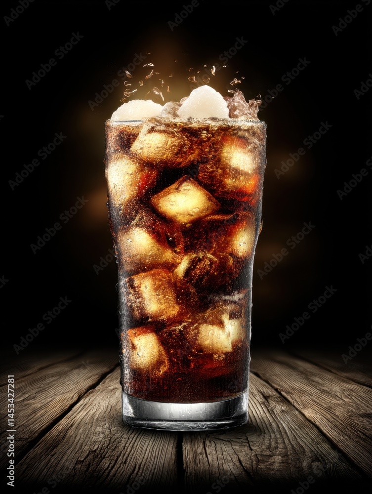 Poster refreshing cola drink with ice cubes on a rustic wooden table against a dark background