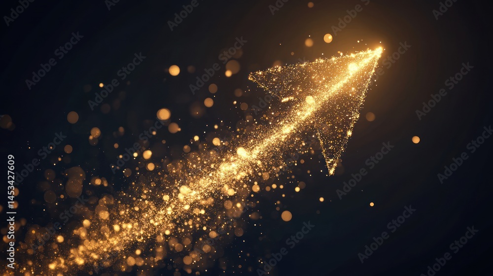 Poster golden arrow soars upwards against a dark background, illuminating with bokeh