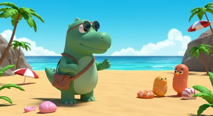 Animated Green Dinosaur Wearing Sunglasses on a Sandy Beach Under a Clear Blue Sky with Palm Trees and Other Colorful Characters