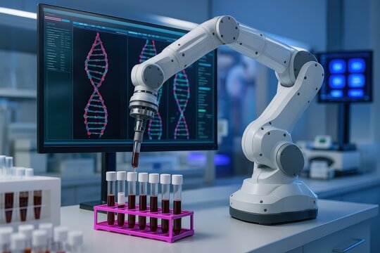 Robotic Arm in a Modern Laboratory, Precisely Handling Blood Samples for DNA Analysis