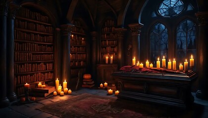 Dark academia library illuminated by candlelight creating a moody, warm and vintage atmosphere