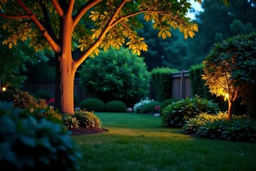 Fototapeta premium Subtle uplighting highlights backyard trees and shrubs, subtle, trees