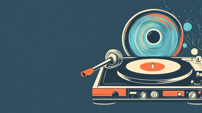 Vintage record player retro music illustration teal and orange design