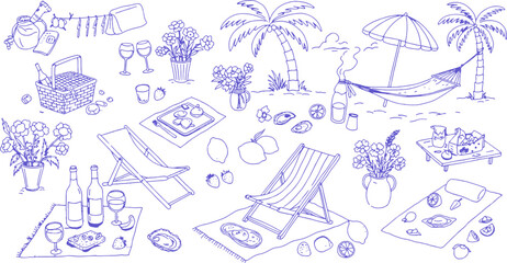 A hand-drawn summer illustration in blue tones featuring tropical plants, beach umbrella, hammock, sailboat, fruit, wine glasses, and seaside symbols evoking relaxation, fun, and summer vibes.