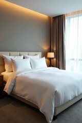 Sleek white bed, soft pillows, contemporary hotel bedroom style, bed, bedroom, spacious