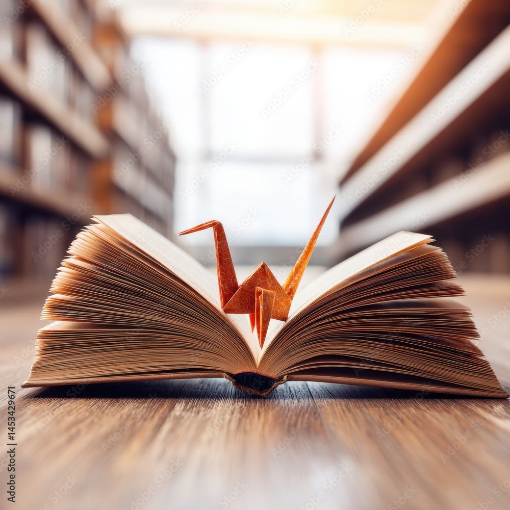 Poster open book with origami crane in library setting representing knowledge and imagination concept