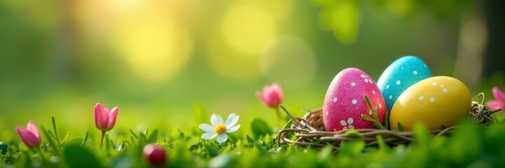 Vibrant painted eggs nestled in spring grass, bokeh background , eggs, tradition, celebration