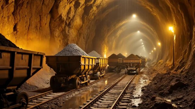 Loaded Mining Carts in Illuminated Tunnel