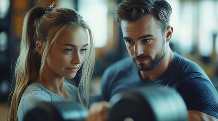 A fitness trainer assisting a client with weightlifting in a gym, providing guidance on technique and form