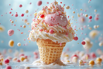 A scoop of ice cream topped with fresh sprigs of mint and a drizzle of chocolate sauce.