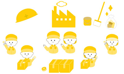 工場のアイコンセットと作業服を着た男女