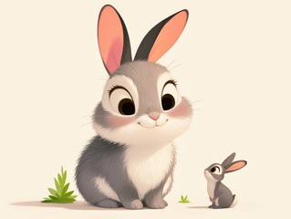 Obraz premium Cute gray rabbit and small bunny stand on a plain background with grass