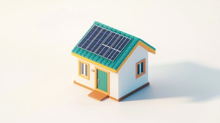 Low-poly 3D model of a small house with solar panels on the roof.