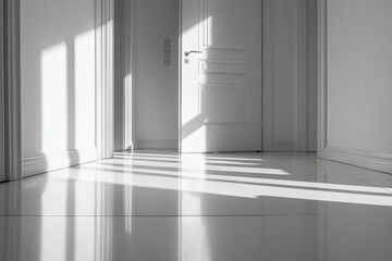White room with door and window, illuminated by soft natural light.