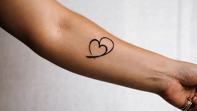 Woman's forearm with heart tattoo, simple design, against plain background; possible use for body art, tattoos, or wellness