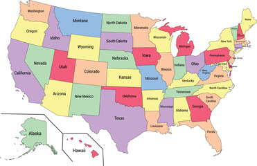 US states map with names.(Editable text and stroke)