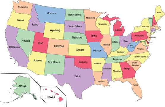 US states map with names.(Editable text and stroke)