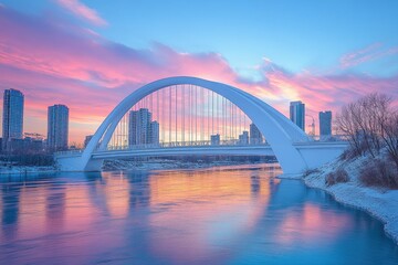 Obraz premium Pastel sunrise over a modern bridge over a frozen river.