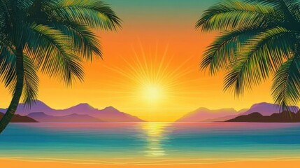 Fototapeta premium Tropical beach sunset with palm trees and mountains