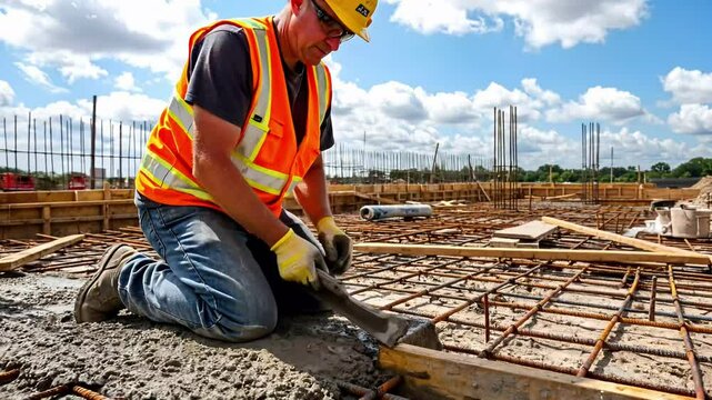 Construction Worker Leveling Fresh Concrete