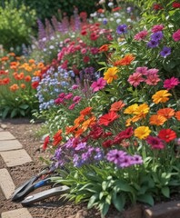 Naklejka premium Close-up of vibrant flowers in a garden bed with gardening tools nearby, shovel, tools