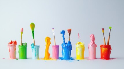 Paintbrushes in cups, various colours. Colourful abstract art supplies