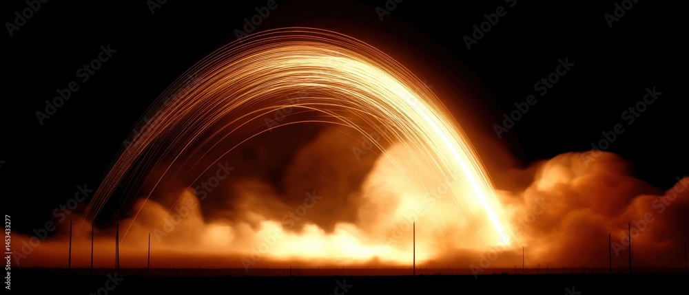 Poster dynamic display of light trails and smoke against a dark backdrop with a fiery glow
