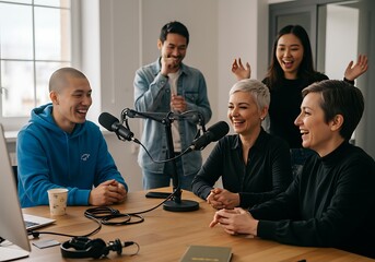 Joyful Podcast Recording: Team Laughter & Creative Energy AI Generated