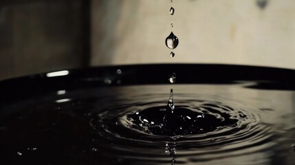 A single drop of water creates ripples on dark, still water.