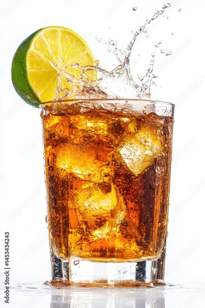 Poster refreshing cola drink with ice cubes and lime slice on a white background studio shot