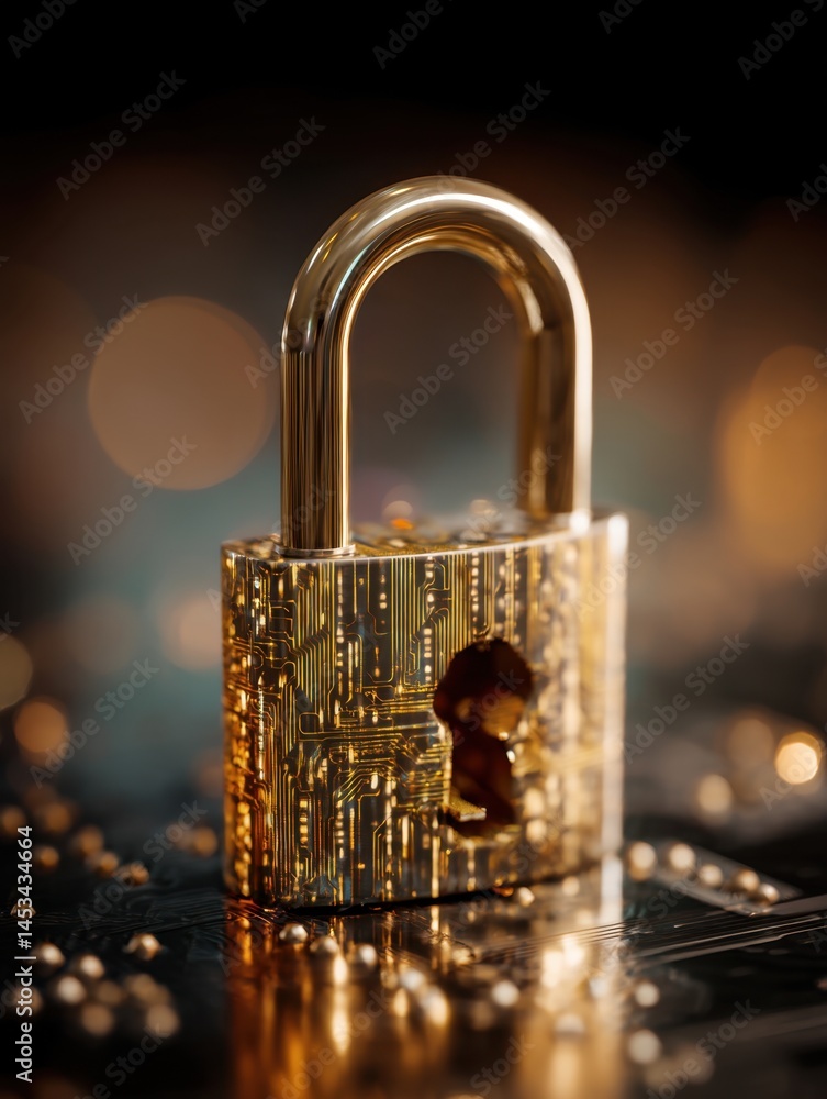 Poster golden padlock with circuit board design symbolizing cybersecurity and data protection concept