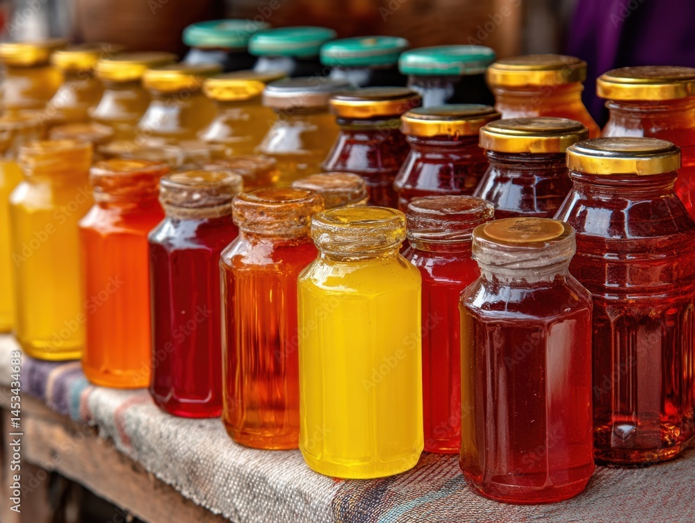 Poster assortment of honey jars with different colors and flavors displayed on a rustic wooden table