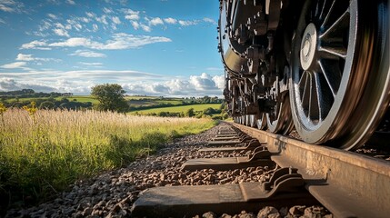 Steam Engine's Journey: Rustic Landscape and Majestic Wheels