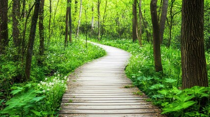 Wooden pathway through a lush green forest, serene and inviting.