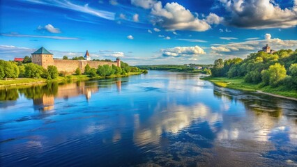 Obraz premium View from Narva in Estonia over the border river Narva and the Russian border to Ivangorod Russia in summer under a blue sky, serene scenery, nature
