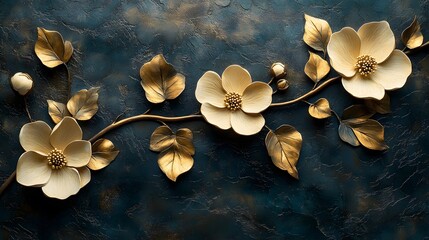 Floral Arrangement with Golden Leaves on Dark Background