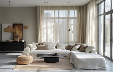 Modern, minimalist living room with neutral tones.