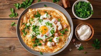 Delicious Crepe with Egg, Ham, Cheese, and Fresh Herbs on Plate