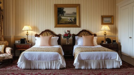 Elegant hotel suite with twin beds and stylish seating