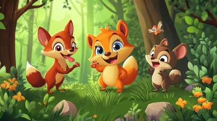 Forest friends happily interact