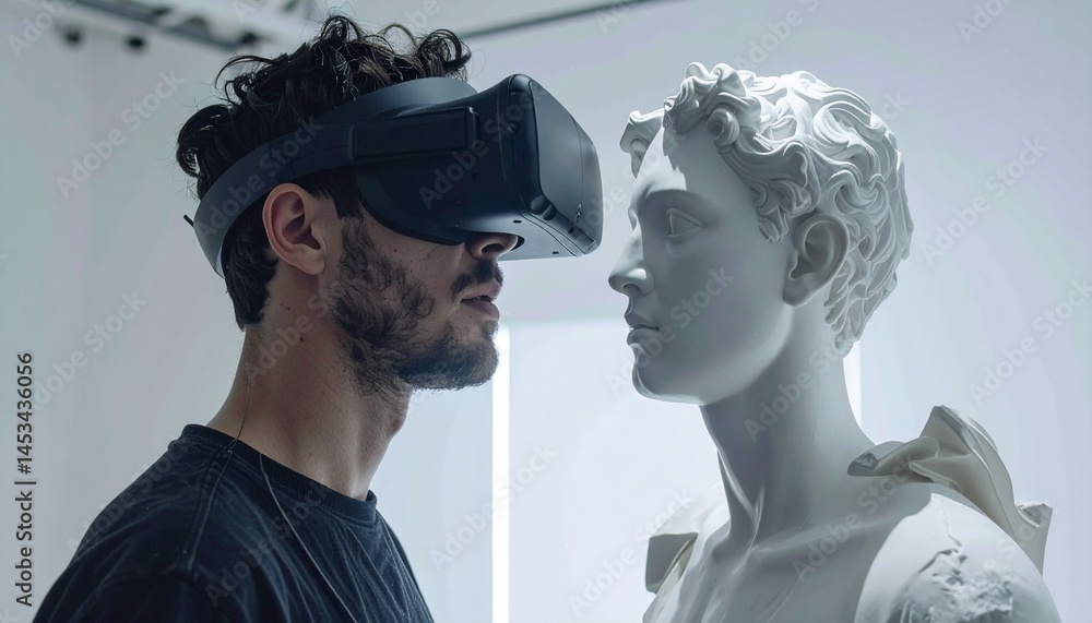 Poster virtual reality experience: a man immersed in a vr headset engages with a classical statue, blending