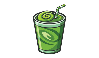 A cold, fresh fruit juice beverage in a green plastic cup with a straw, isolated on white