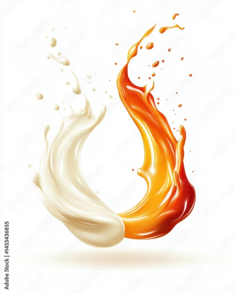 Poster fluid motion of milk and caramel creating a dynamic swirl on a clean white background studio shot