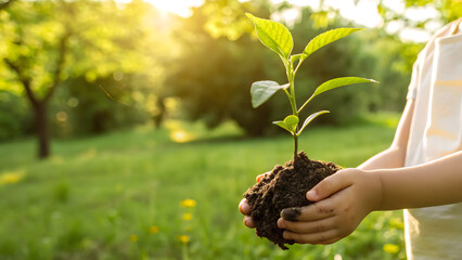 Earth day concept. Hand holding young plant in sunshine and green nature background