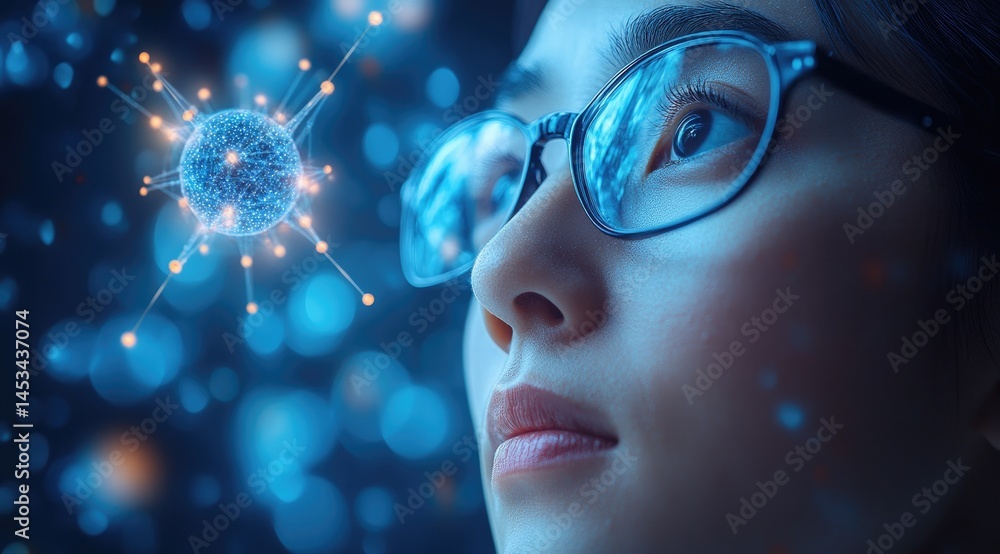 Poster close-up view of a person observing a complex biological structure.