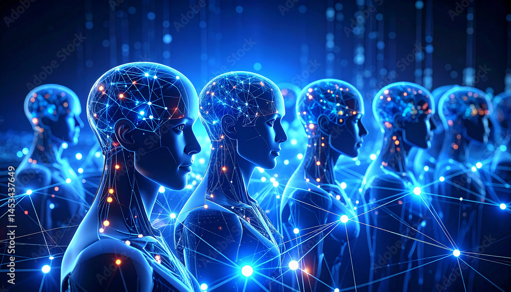 Poster ai-enhanced minds: a captivating view of networked minds. interconnected through digital pathways, d